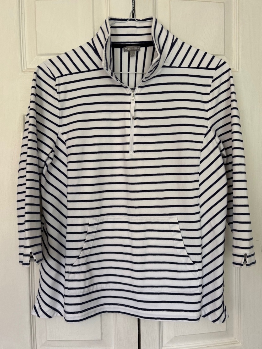 T by Tallbots White Navy Stripe Quarter Zip Size L